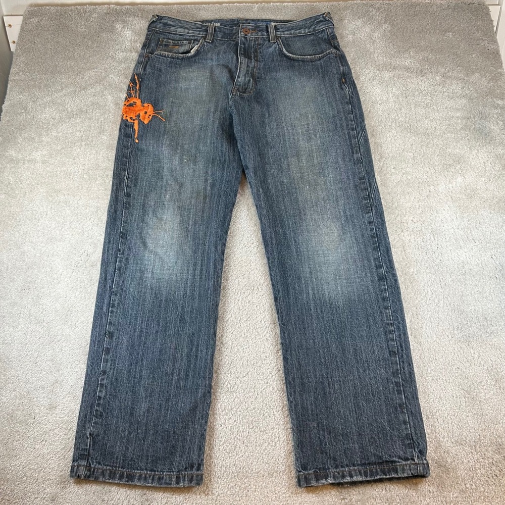 VTG Azzure Love Life Denim Jeans Mens 36x34 Blue Orange Embroidered Streetwear